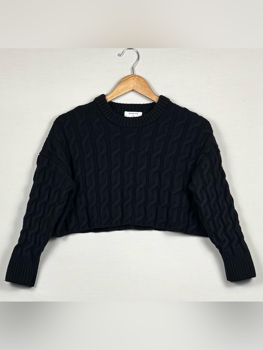 Aritzia Babaton Glory Merino Wool Cable Knit Cropped Sweater Black M